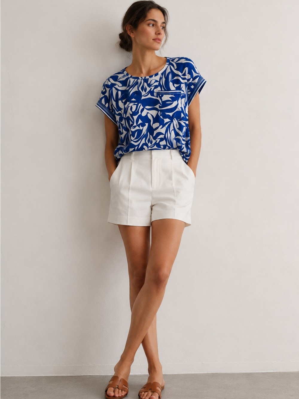 LOFT Blue and White Abstract Print Short Sleeve Blouse Size XS Coastal Chic Top